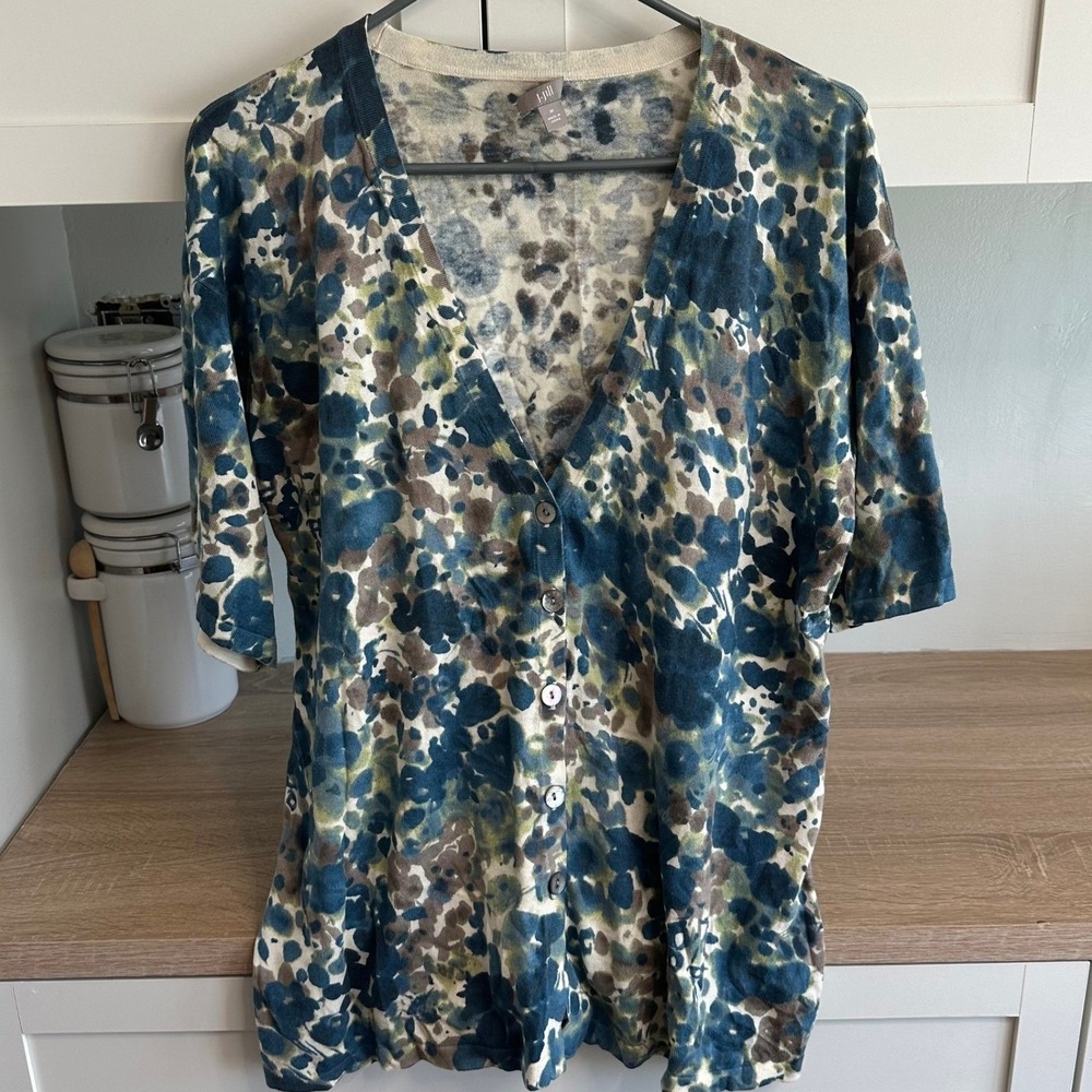 J. Jill Cardigan Sweater US M 3/4 Sleeve Silk Cashmere Buttons Floral Watercolor